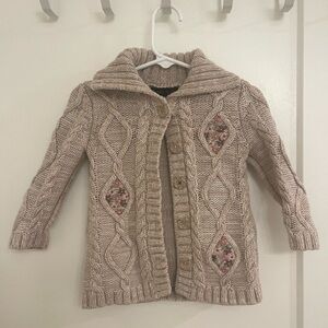 Vintage Toddler Cardigan Embroidered Cream Floral Beige Cable Knit Sweater